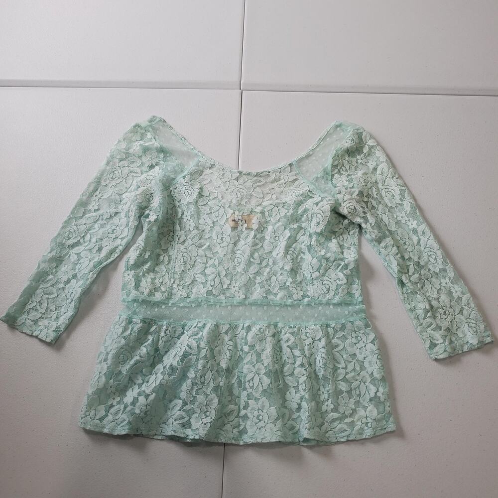 Y2K Hollister Shirt Babydoll Womens XS Green Lace Peplum 3/4 Sleeve Scoop Sheer